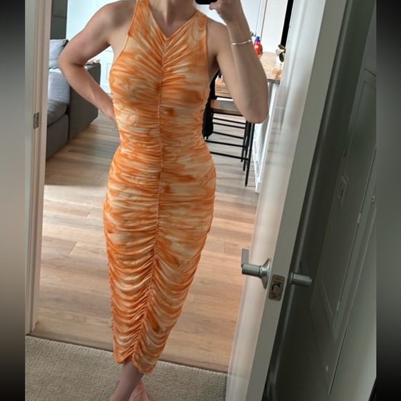 NWT House of Harlow 1960 Midi Orange Tie-Dye Sleeveless Ruched Dress Siz… - Picture 1 of 11